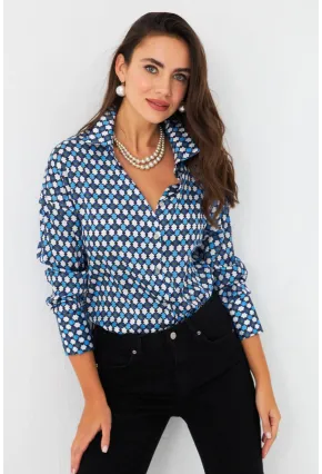 Kadın Mavi Desenli Saten Gömlek SHR9