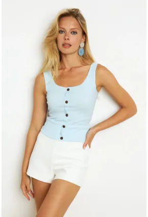 Kadın Mavi Düğme Aksesuarlı Bluz MK14