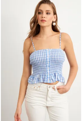 Kadın Mavi Ekose Lastikli Crop Bluz MTK13397