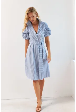 Kadın Mavi Gül Detaylı Midi Gömlek Elbise SF12812