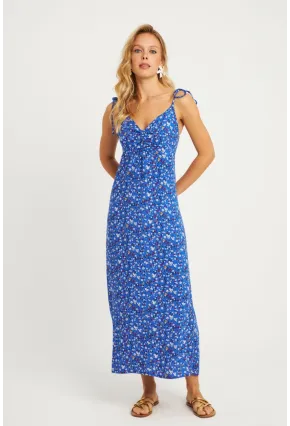 Kadın Mavi İp Askılı Çiçekli Midi Elbise GÇ172