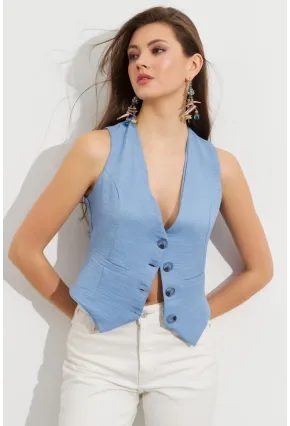 Kadın Mavi Keten Astarlı Yelek TW60046