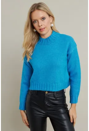 Kadın Mavi Kısa Triko Kazak YV301