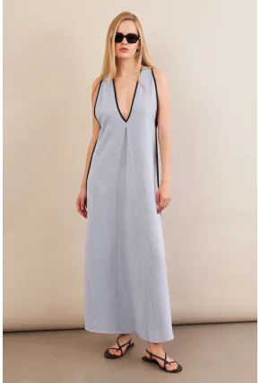 Kadın Mavi Kontrast Çizgili Maxi Keten Elbise MSİ101