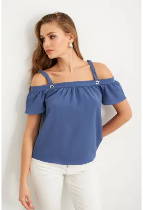 Kadın Mavi Kontrast Kollu Bürümcük Bluz RX452