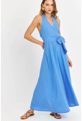 Kadın Mavi Kruvaze Bürümcük Maxi Elbise EY3053