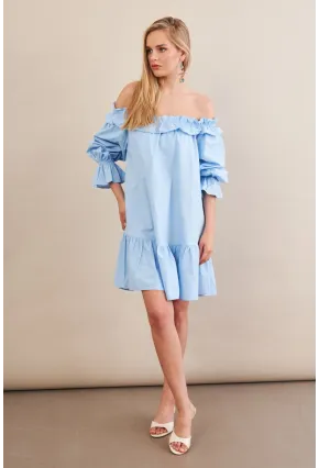 Kadın Mavi Madonna Yaka Midi Elbise PSG1012