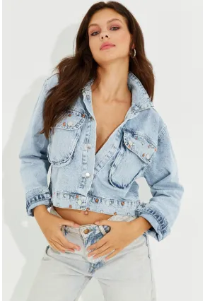 Kadın Mavi Nakışlı Denim Kısa Ceket İS802