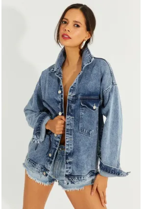 Kadın Mavi Nakışlı Kot Ceket İS801