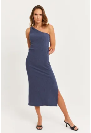 Kadın Mavi Omuz Aksesuarlı Kolsuz Midi Elbise MOD2400