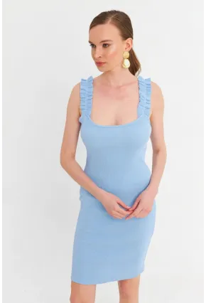 Kadın Mavi Omuz Bantlı Kaşkorse Mini Elbise URO203