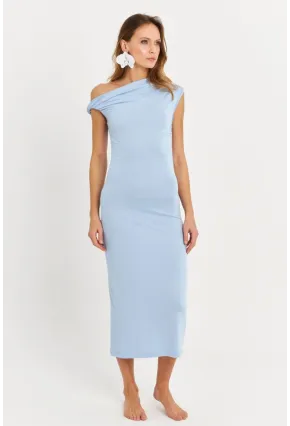 Kadın Mavi Omuz Düğümlü Degaje Midi Elbise EY3054