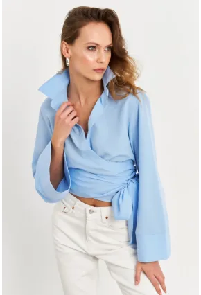 Kadın Mavi Önü Bağlamalı İspanyol Kol Gömlek MON142
