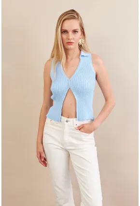 Kadın Mavi Polo Yaka Yumoş Yelek ZH050