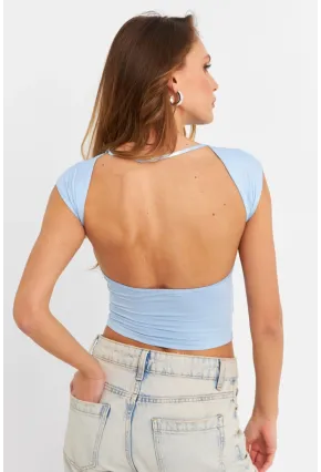 Kadın Mavi Sırtı Açık Crop Bluz ZH083