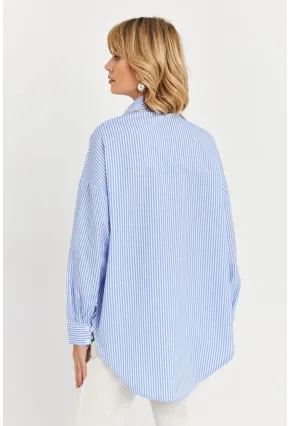 Kadın Mavi Taş Detaylı Çizgili Gömlek KED4088