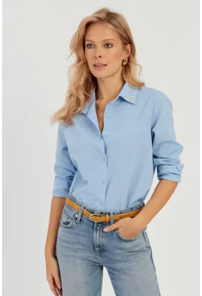 Kadın Mavi Taş Detaylı Gömlek ZER402