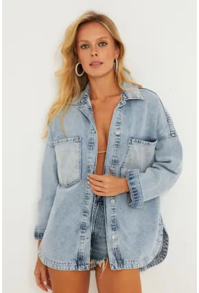 Kadın Mavi Taşlı Denim Ceket İS249