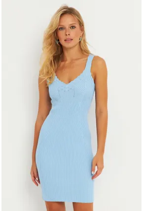 Kadın Mavi Triko Mini Elbise SMT240