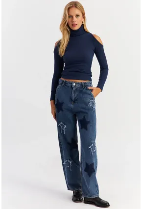 Kadın Mavi Yamalı Jean Pantolon AUR1