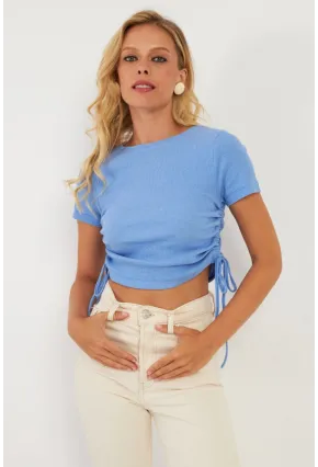 Kadın Mavi Yanları Büzgülü Kaşkorse Bluz AYD355