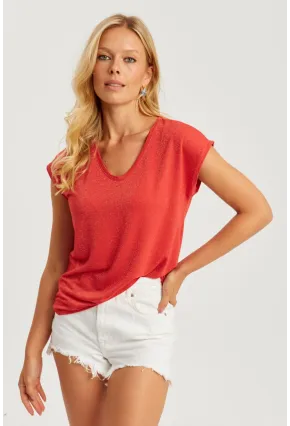 Kadın Mercan V Yaka Simli Bluz RX436