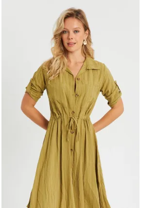 Kadın Midi Gömlek Elbise Haki Q984