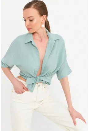 Kadın Mint Bağlamalı Keten Bluz BTH16