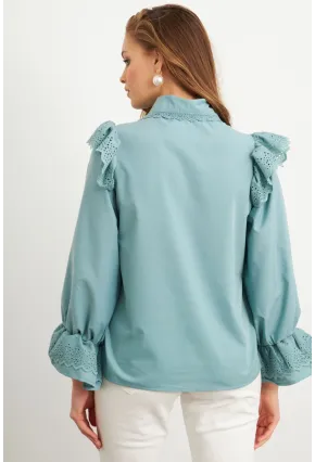 Kadın Mint Bebe Yaka Dantelli Gömlek MQS1839