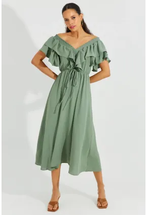 Kadın Mint Ön Arka V Volanlı Elbise KS113