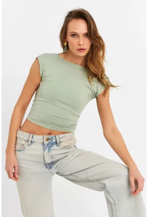 Kadın Mint Sırtı Açık Crop Bluz ZH083