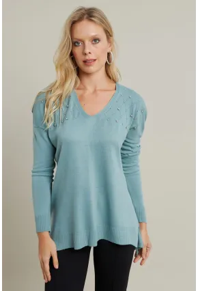 Kadın Mint V Yaka Taşlı İnce Triko Bluz MYİL002