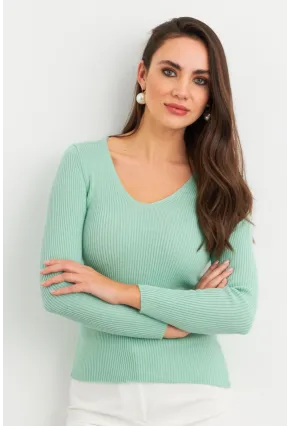 Kadın Mint V Yaka Triko Bluz YV284