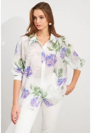 Kadın Mor Çiçek Desenli İnce Keten Gömlek MCAR1068