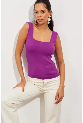 Kadın Mor Kare Yaka Triko Bluz YV87