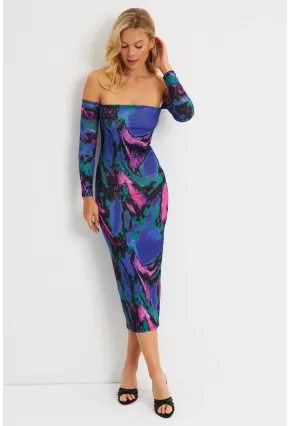 Kadın Multi Madonna Yaka Desenli Midi Elbise DMR278