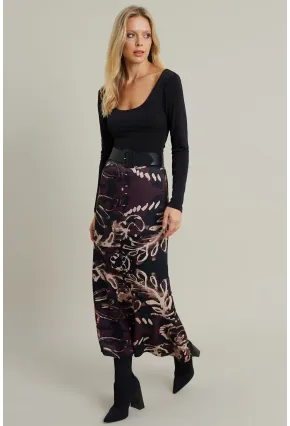Kadın Mürdüm Desenli Saten Etek CAR1060