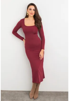 Kadın Mürdüm Kare Yaka Midi Elbise XC8102