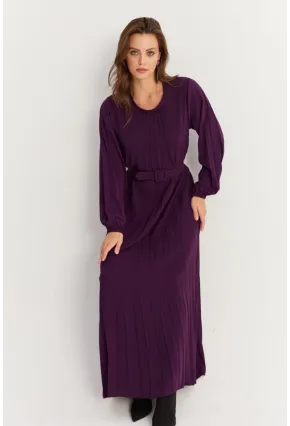 Kadın Mürdüm Kemerli Plili Maxi Elbise ALZ500