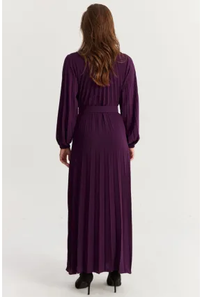 Kadın Mürdüm Kemerli Plili Maxi Elbise ALZ500