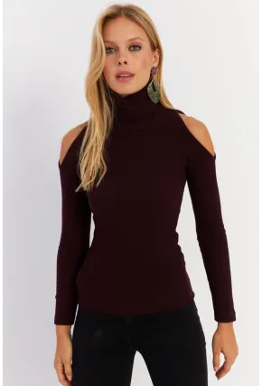 Kadın Mürdüm Omuzları Açık Kaşkorse Bluz HOR04