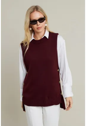 Kadın Mürdüm Yanları Düğmeli Kolsuz Triko Tunik MYV75