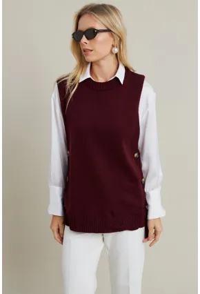 Kadın Mürdüm Yanları Düğmeli Kolsuz Triko Tunik YV75