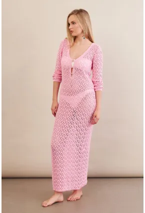 Kadın Pembe Aksesuarlı Triko Plaj Elbisesi KZ3237-90