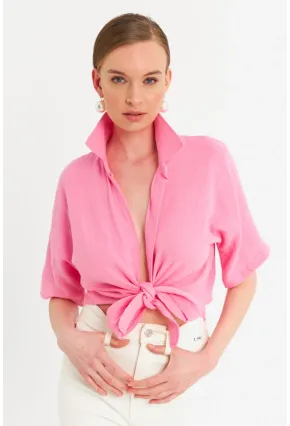 Kadın Pembe Bağlamalı Keten Bluz BTH16