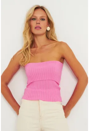 Kadın Pembe-Beyaz İkili Straplez Triko Bluz YV272