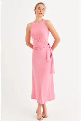 Kadın Pembe Büzgülü Kolsuz Midi Elbise TF75