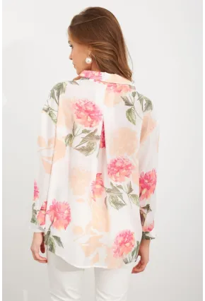 Kadın Pembe Çiçek Desenli İnce Keten Gömlek MCAR1068