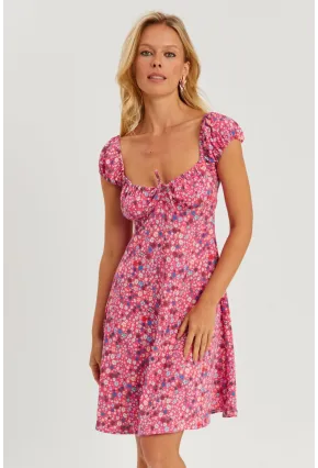 Kadın Pembe Çiçekli Mini Elbise GÇ165