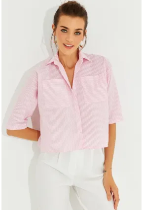 Kadın Pembe Çizgili Kısa Gömlek MİW1290